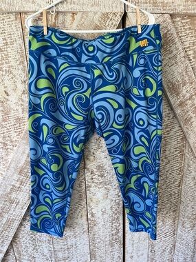 Loudmouth Ladies Blue & Green Swirl Capri Leggings with Lime Accents Sz XL